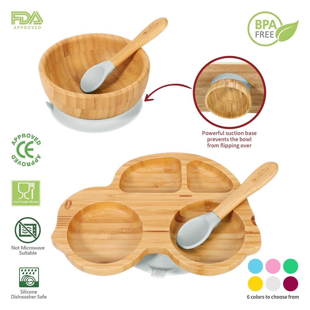 BAMBOO CAR PLATE, BOWL & SPOON: Hypoallergenic, Non-Slip, BPA-Free, Easy to Clean