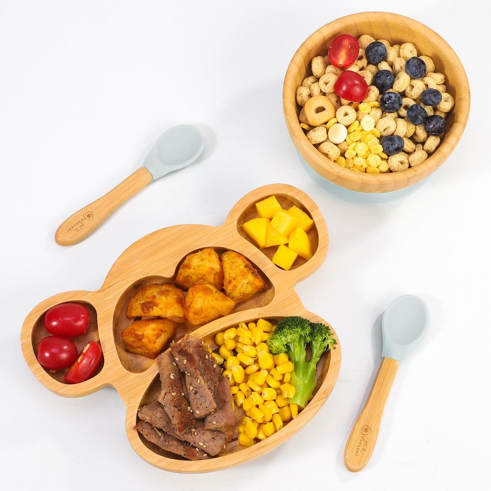 Bamboo Monkey Plate Set - 4-Sectioned Plate, Bowl, & Spoon - Non-slip Base - Food-Grade Silicone - Easy to Clean Grey
