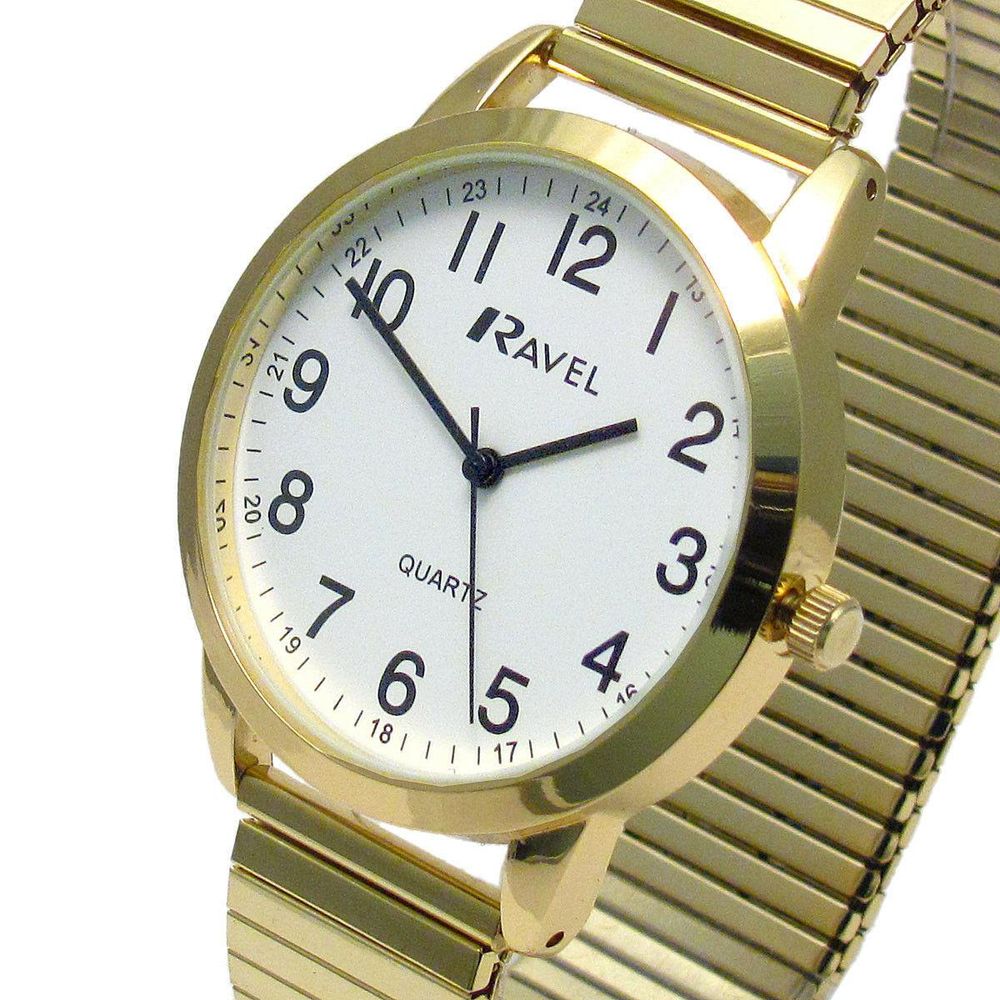 Mens Bold Number White Dial Gold Expander Bracelet Watch