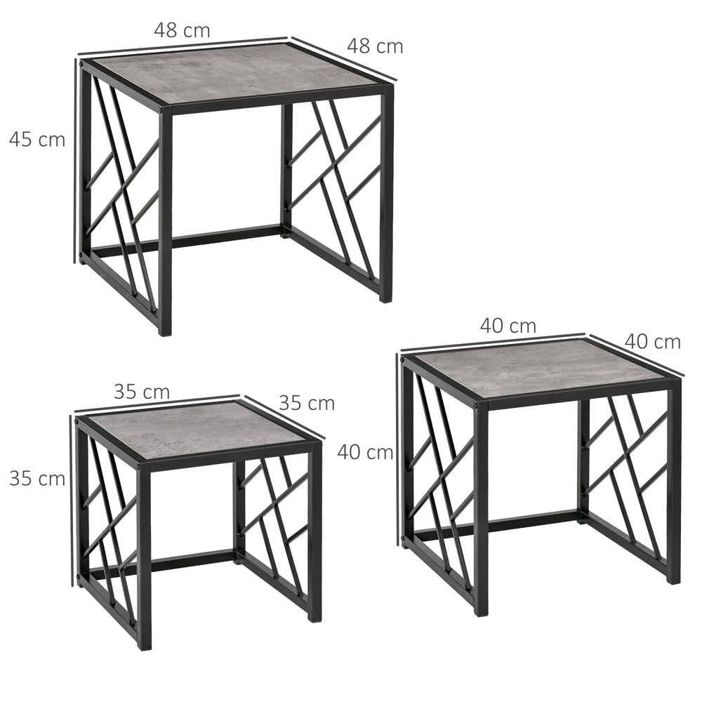 Nesting Coffee Tables, Set of 3 Square Side Tables with Black Metal Frame, for Living Room, Bedroom and Office, Grey