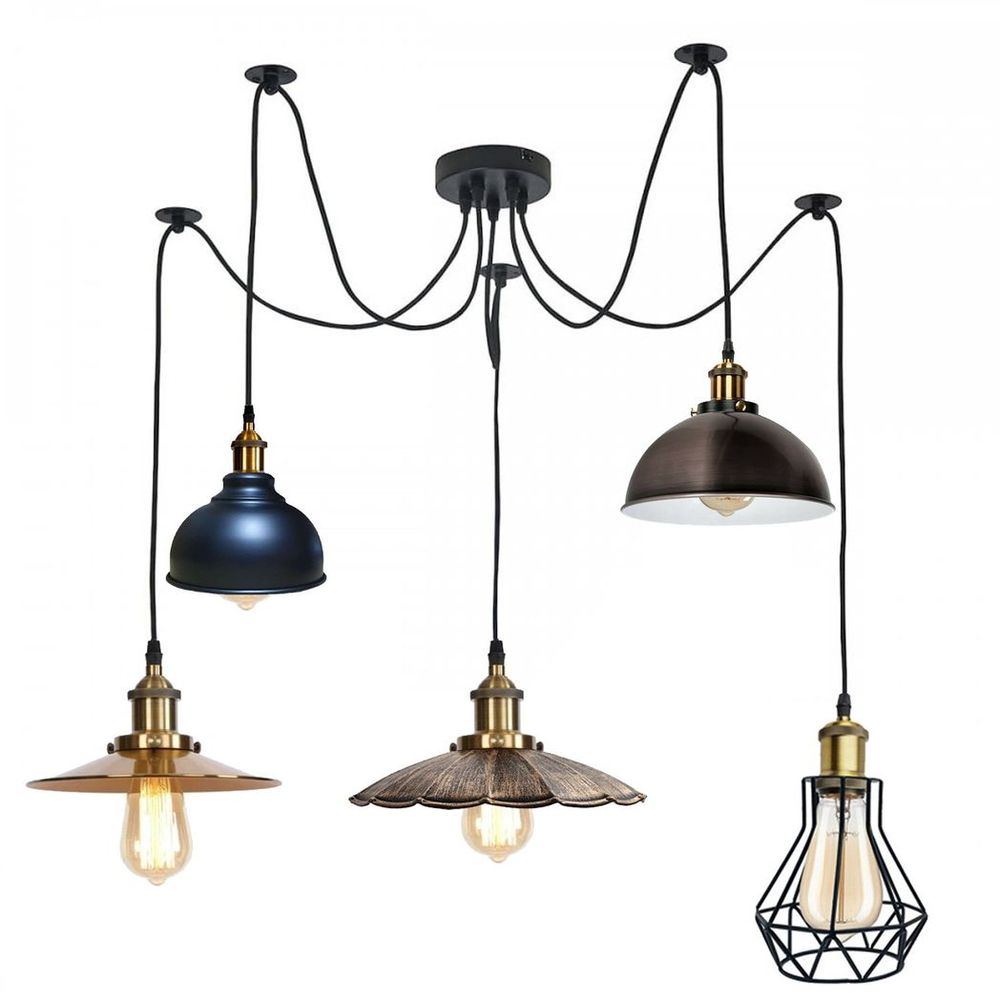 Retro Industrial Metal Multi Shade 5 Way Ceiling Pendant Spider Lamp For Bar, Bedroom in Metal