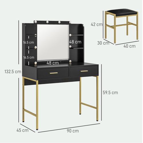 Makeup Vanity Desk Set with Lighted Mirror, Stool, Drawers