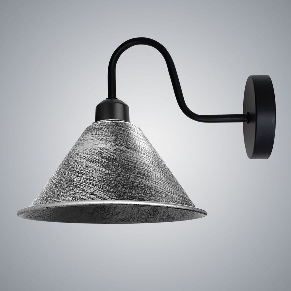 Vintage Silver Wall Sconce - Cone Shape Shade, Swan Neck Arm, Dimmable, E27 Base - for Indoor Lighting