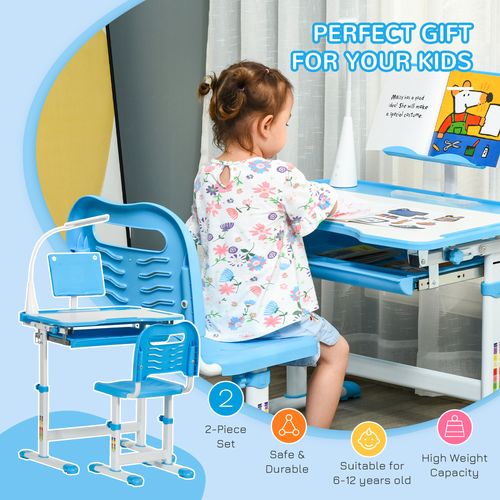 Kids Study Desk and Chair Set w/ USB Lamp, Adjustable Height, Blue