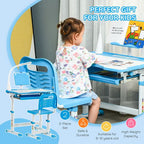 Kids Study Desk and Chair Set w/ USB Lamp, Adjustable Height, Blue
