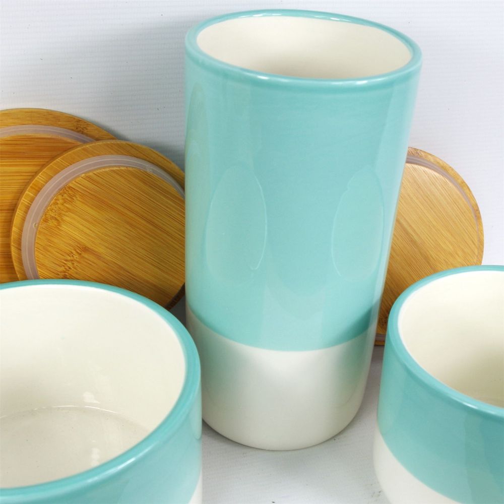 Set of Three Canisters Aqua Green Ceramic Storage Jars with Lids in Green