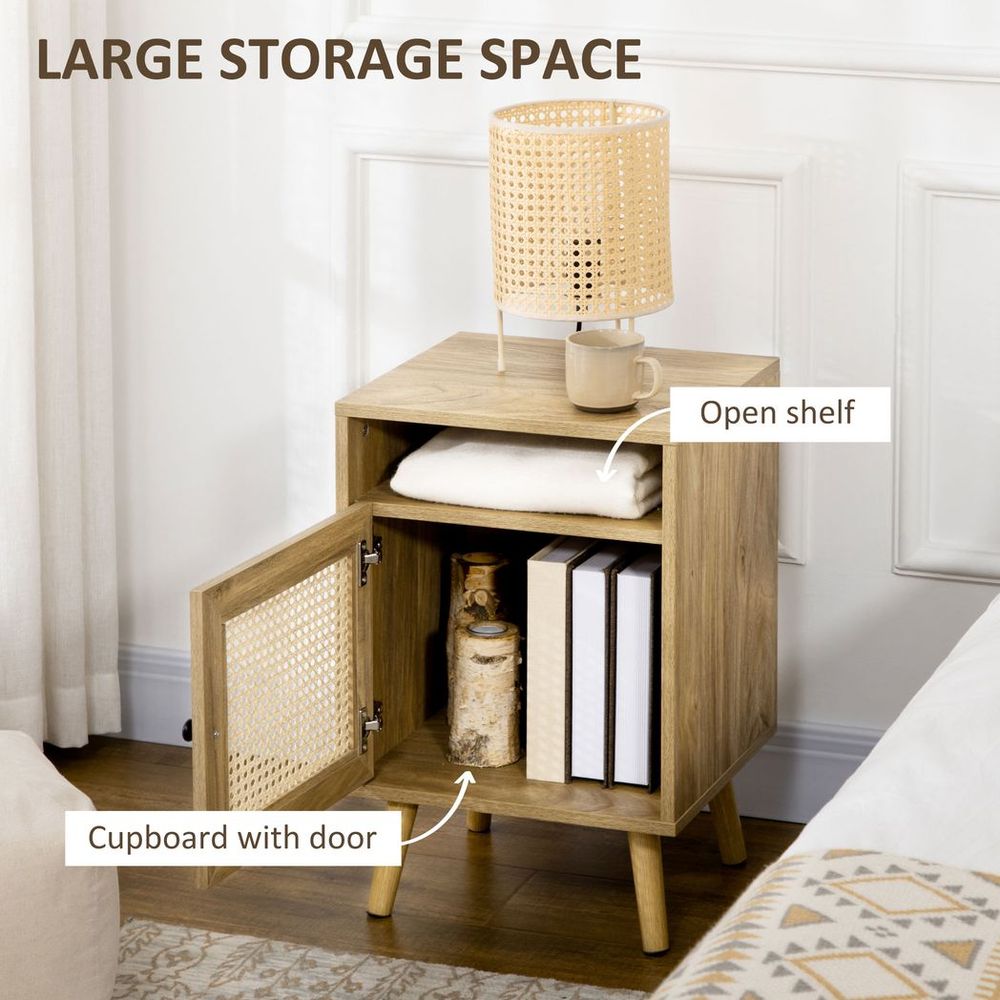 Nightstand, Rattan Bedside Table, Sofa Side Table w/ Cabinet, Shelf