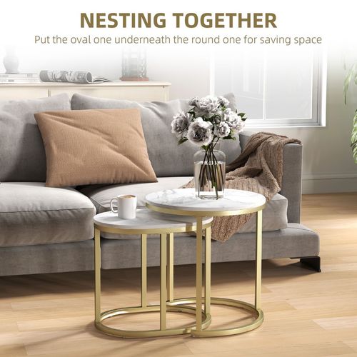 2 Pcs Coffee Table with Faux Marble Side Accent Tables White