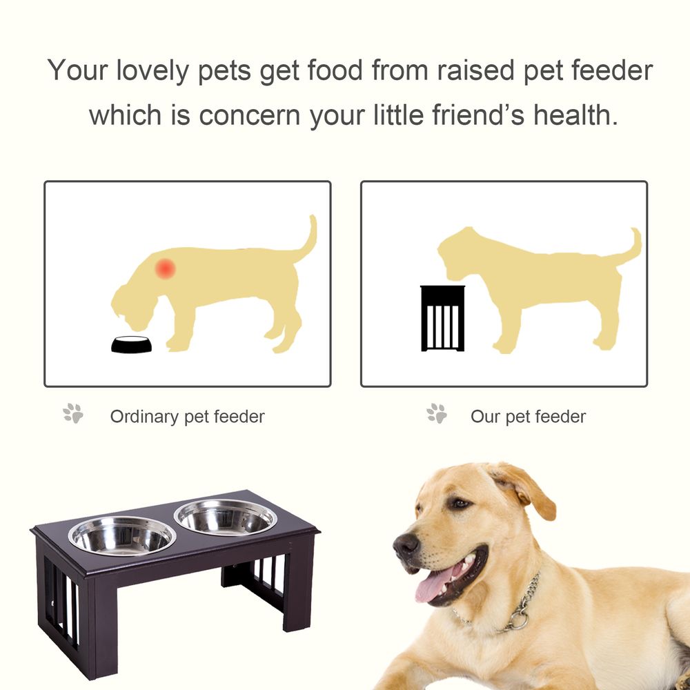 Raised Dog Bowls Pet Feeder Elevated Double Stainless Steel Water Brown in Brown