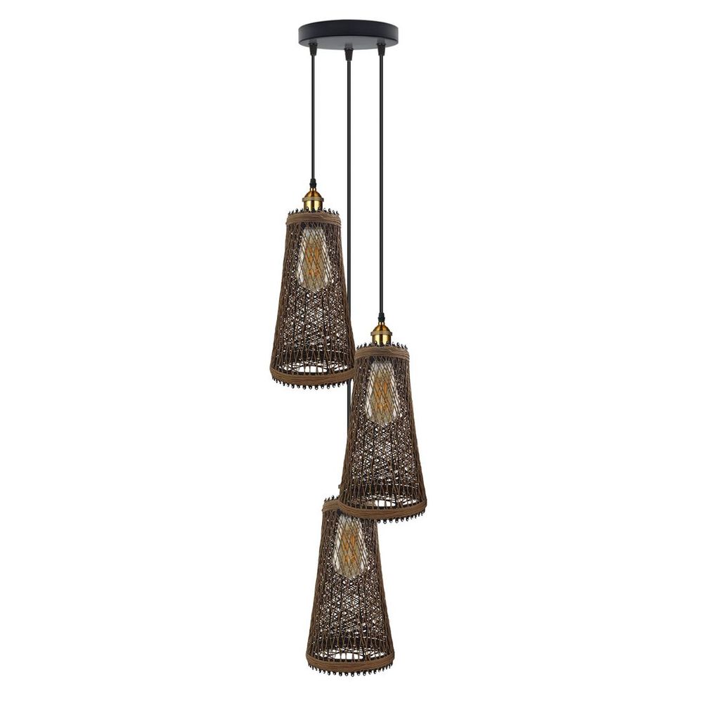 3 Head Natural Wicker Basket Style Retro Industrial Vintage Rattan Ceiling Pendant - 20cm Shade