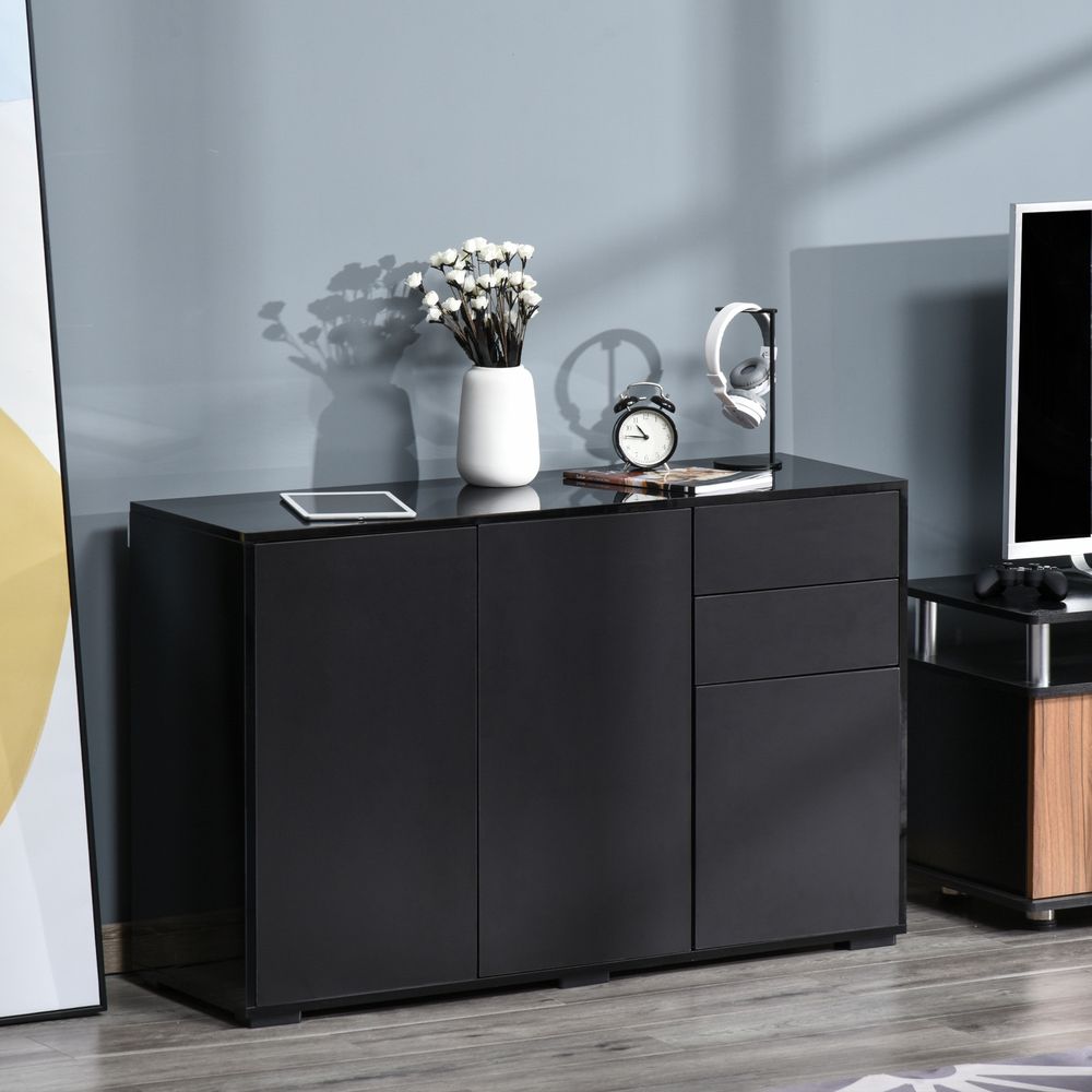 High Gloss Frame Sideboard, Side Cabinet, Push-Open Design with 2 Drawer for Living Room, Bedroom, Black