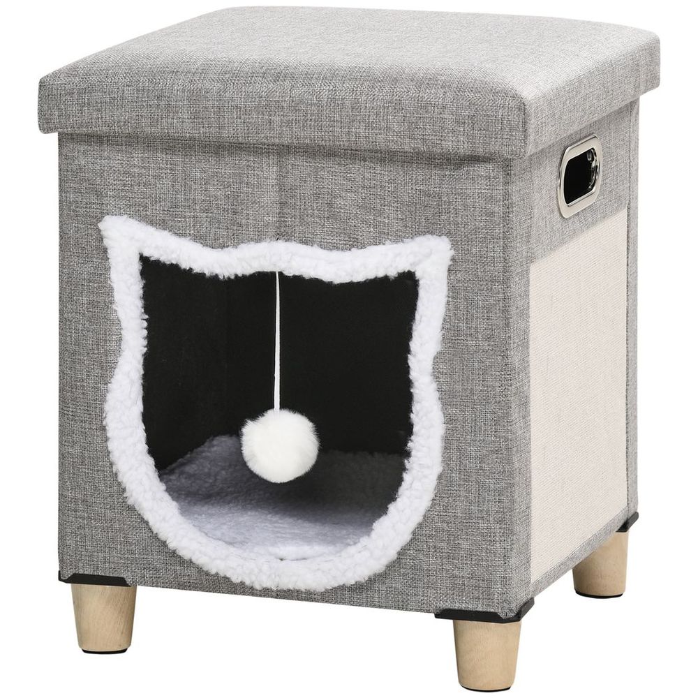 Deluxe 2-in-1 Cat Bed Ottoman w/ Cushion, Scratching Pad, Handles - Cat and Human Comfort!