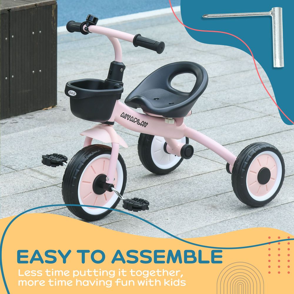 Kids Trike - Adjustable Seat, Basket, Bell - Ages 2-5 - Pink