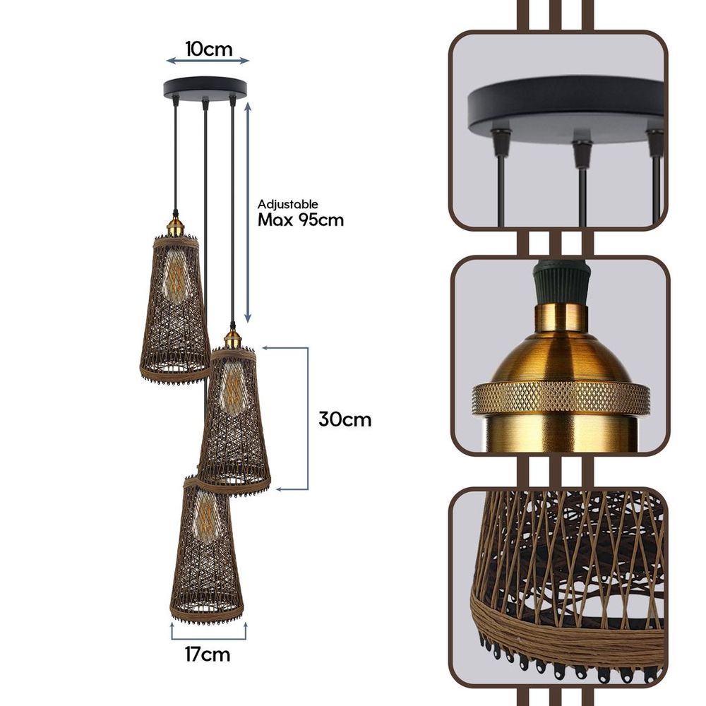 3 Head Natural Wicker Basket Style Retro Industrial Vintage Rattan Ceiling Pendant in Rattan