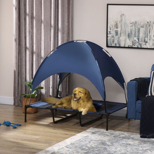 122cm Elevated Dog Bed Cooling Raised Pet Cot UV Protection Canopy Blue