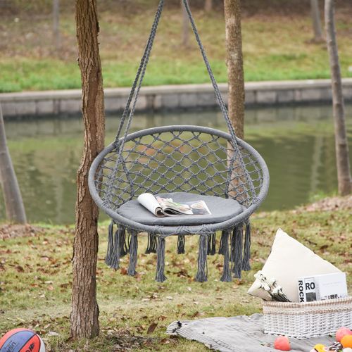 Cotton-Polyester Blend Macrame Hanging Chair Swing Hammock & Backrest, Grey