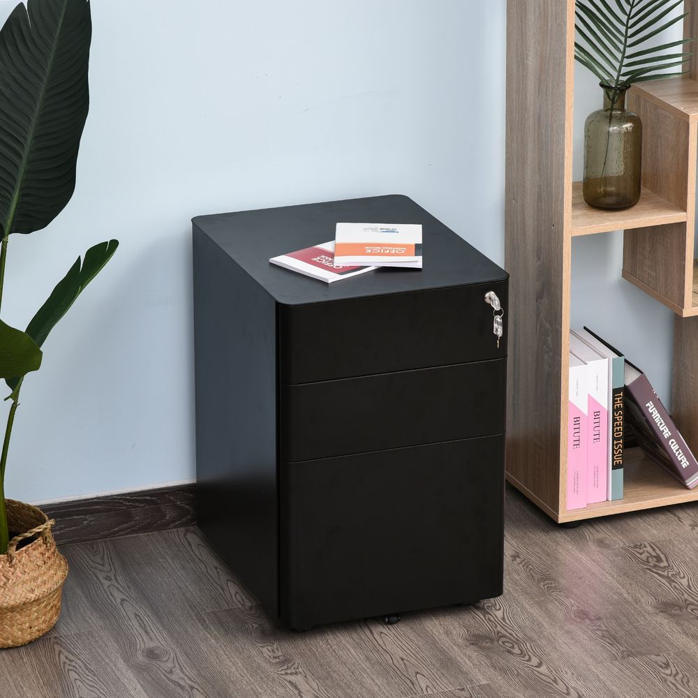 3 Draw Metal Filing Cabinet Lockable 4 Wheel Compact Under Desk Black