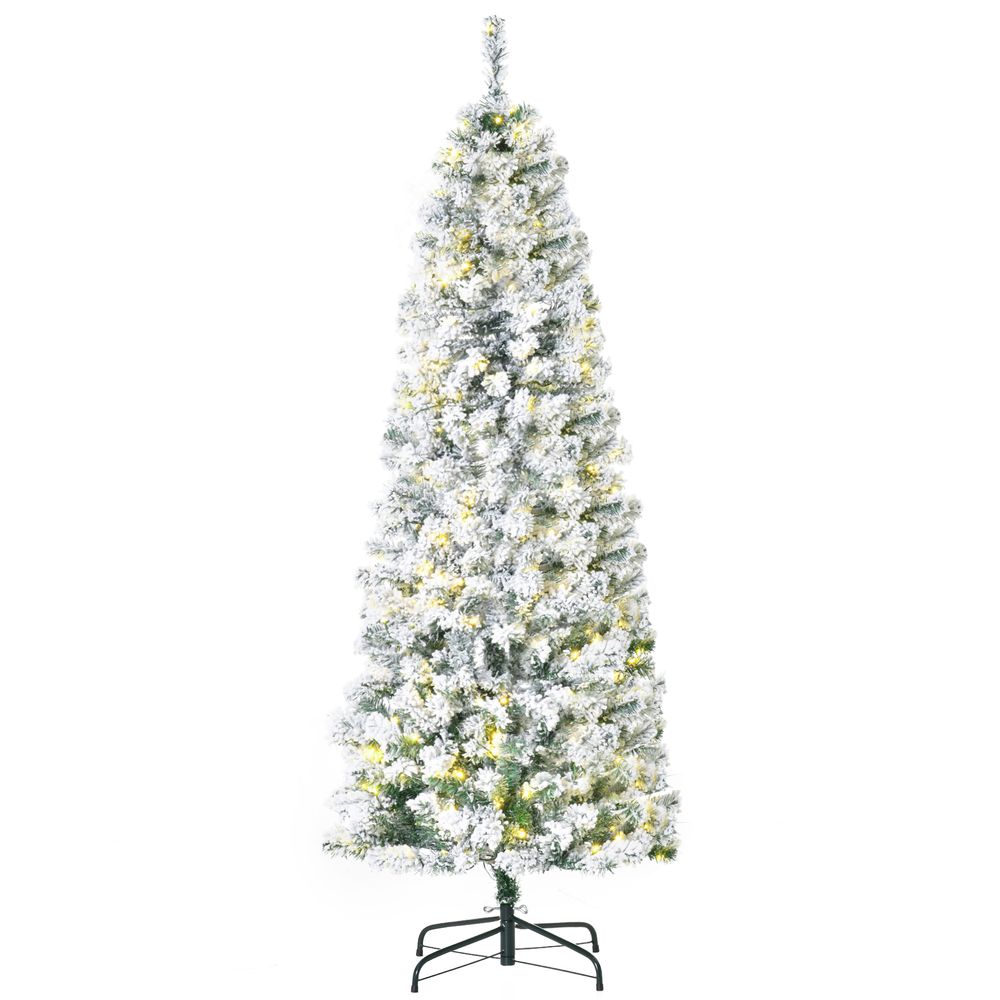 Artificial Snow Flocked Christmas Tree - 6ft Prelit Green White - Warm LED Lights