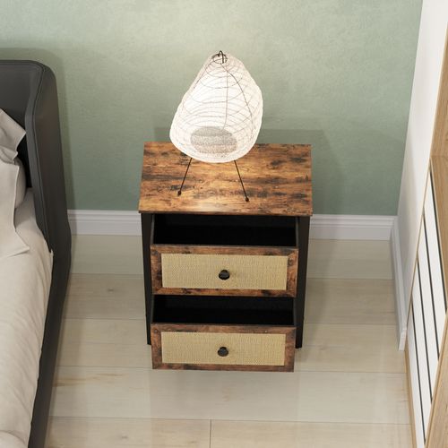 Bedside Table with 2 Rattan Drawers and Steel Legs, Rustic Brown