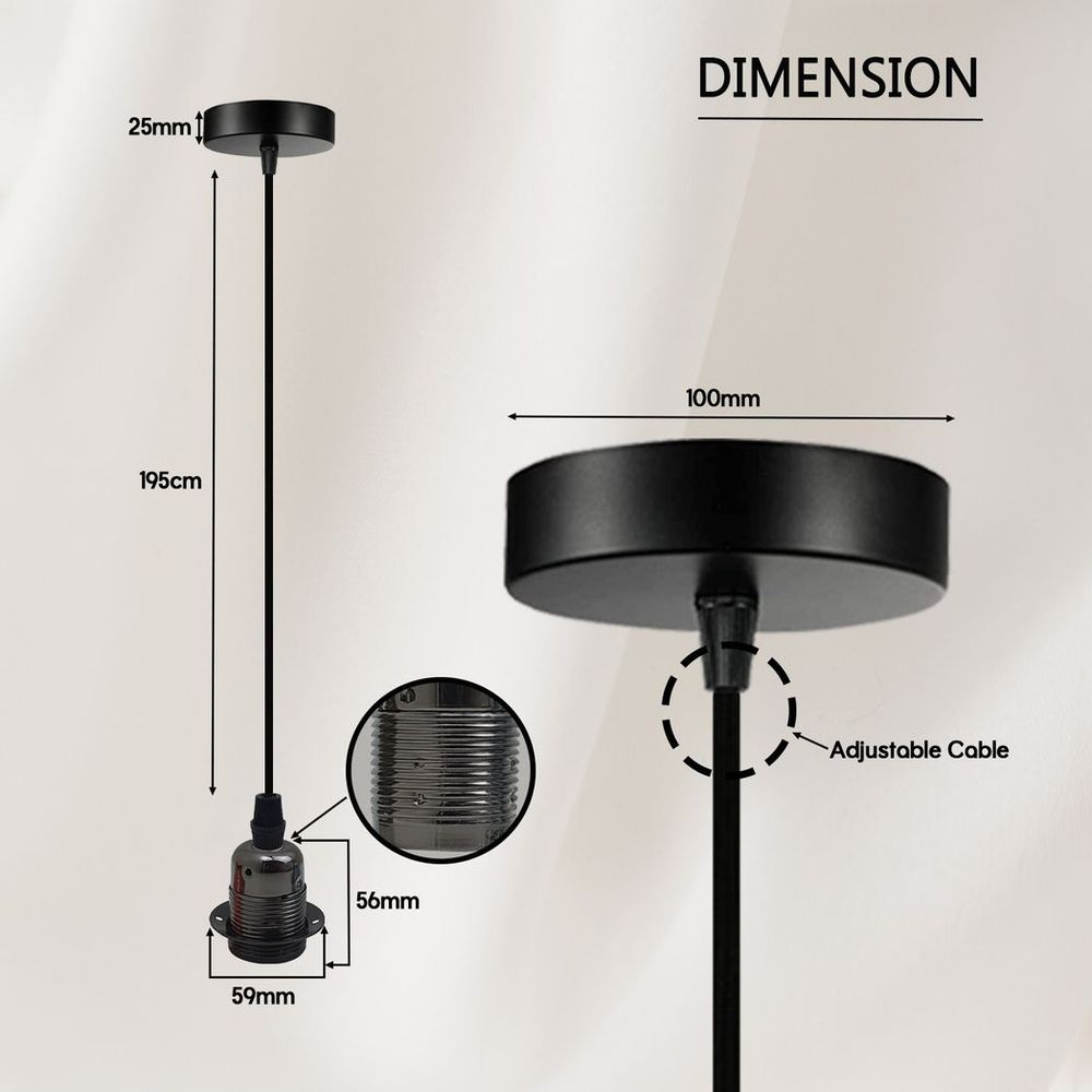 Vintage Industrial Black Pendant Light Fitting, lampshade Holder Fitting Set with 2m Cable