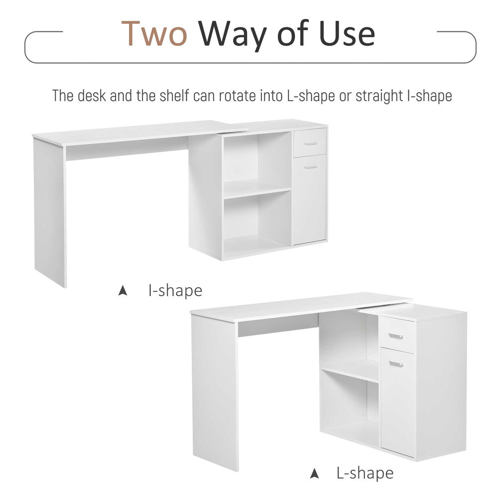 L-Shaped Desk, Corner Computer Desk, Adjustable Study Table with Storage Shelf, Drawer and Cabinet, Workstation for Home Office, White Wood Grain