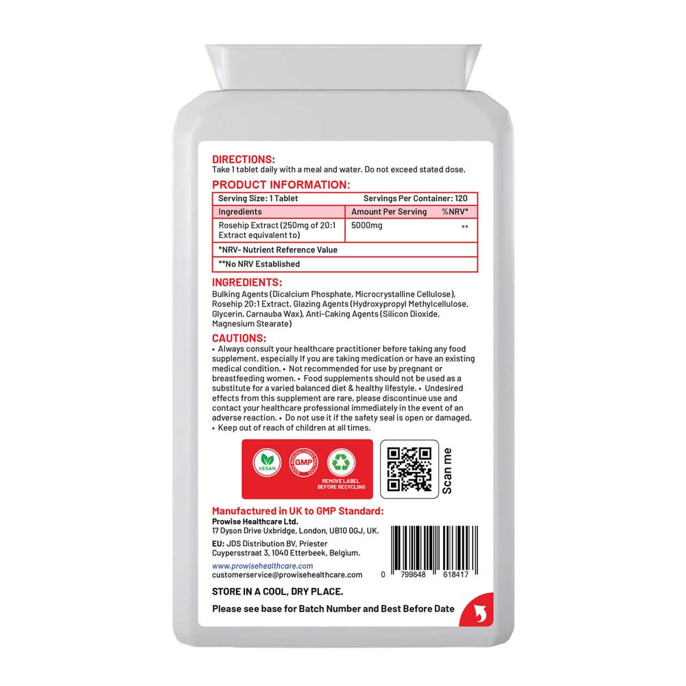 Rosehip Health - Support Joints, Digestion, and Kidney Function - High Potency 5000mg - Made in UK - Vegan