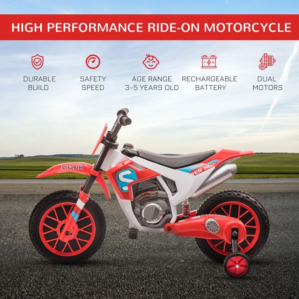 Electric Ride-On Motorbike for Kids - Training Wheels - Ages 3-5 - Red