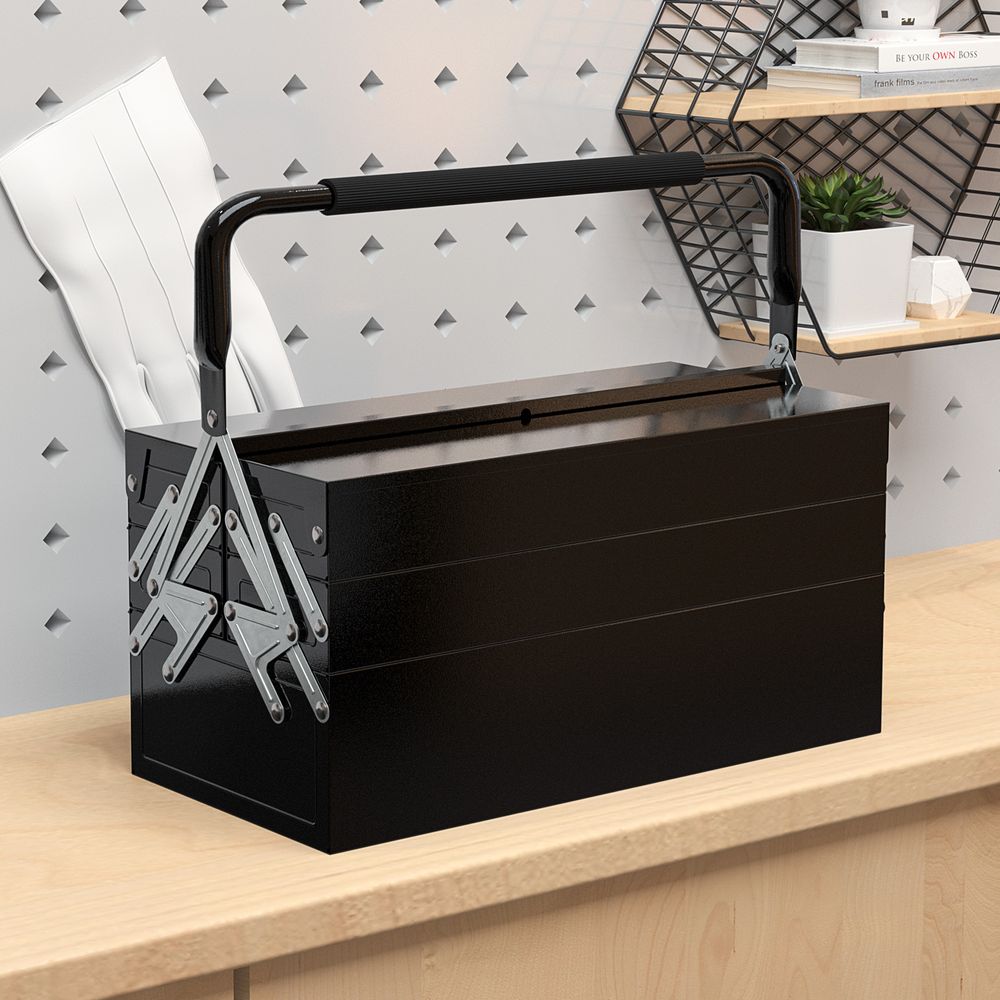 3 Tier Metal Toolbox with 5 Tray Carry Handle 45cmx22.5cmx34.5cm Black