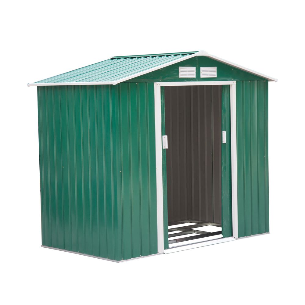 7 x 4ft Metal Garden Shed, Outdoor Storage Tool House with Ventilation Slots, Foundation Kit and Lockable Double Doors, Green