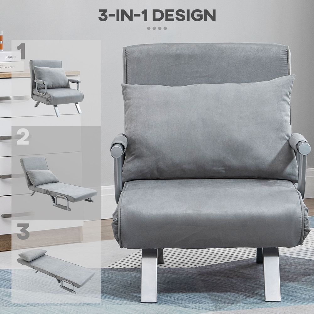 Modern 4-In-1 Single Sofa Bed Sleeper Foldable Portable Armchair Bed Chair Lounge Couch with Pillow for Living Room, Bedroom, Light Grey