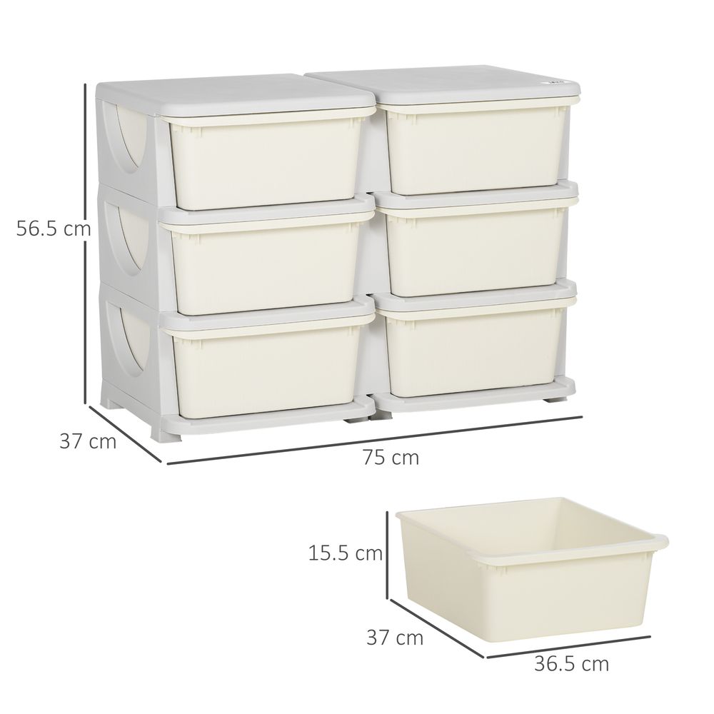 Kids Storage Units with 6 Drawers 3 Tier Chest Vertical Dresser Tower Toy Organizer for Nursery Playroom Kindergarten Cream