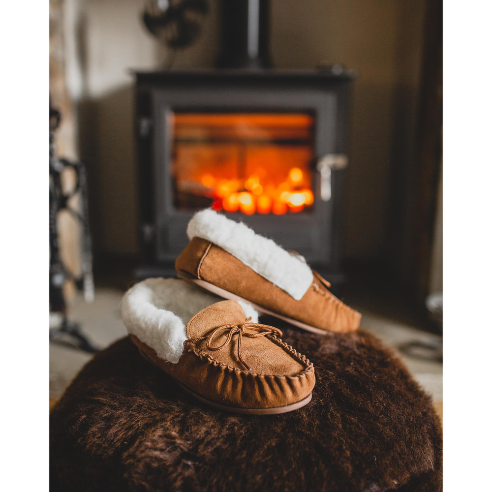 Womens Sheepskin Suede Moccasin Slippers With Rubber Sole - 417-100