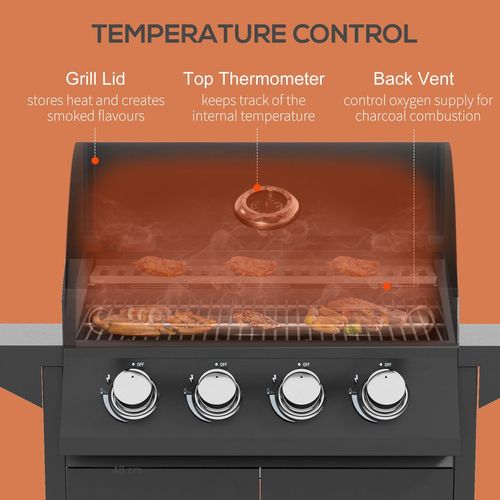 4 Burner Gas Grill Portable BBQ Trolley w/ 4 Wheels and Side Shelves