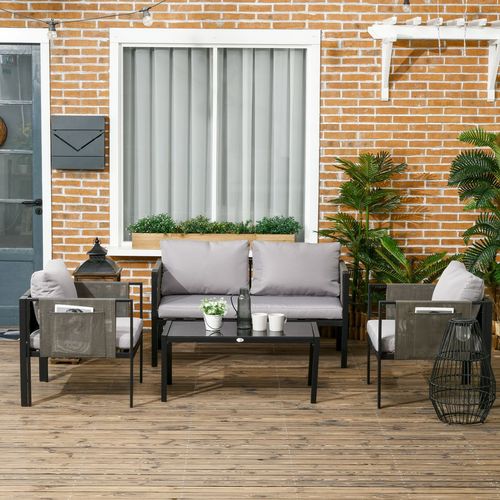 4 Piece Garden Sofa Set w/ Tempered Glass Coffee Table Padded Cushions