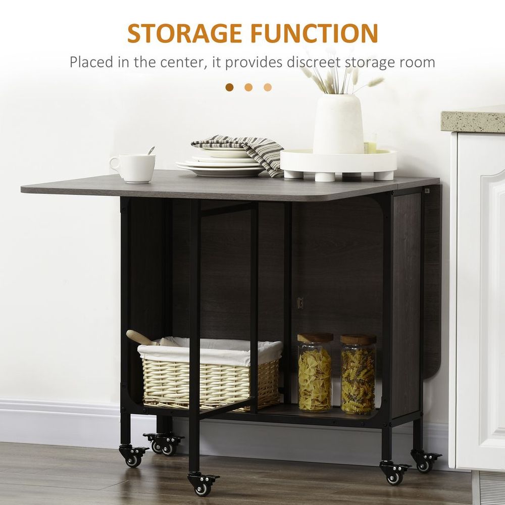 Mobile Drop Leaf Table Folding Kitchen Table Extendable Dining Table For Small Spaces With 6 Wheels & Storage Shelf Grey