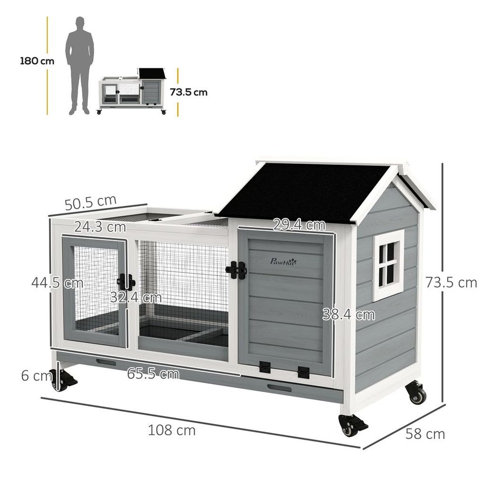 Wooden Rabbit Hutch, Small Animal House w/ Wheels, Removable Tray - Grey