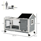Wooden Rabbit Hutch, Small Animal House w/ Wheels, Removable Tray - Grey