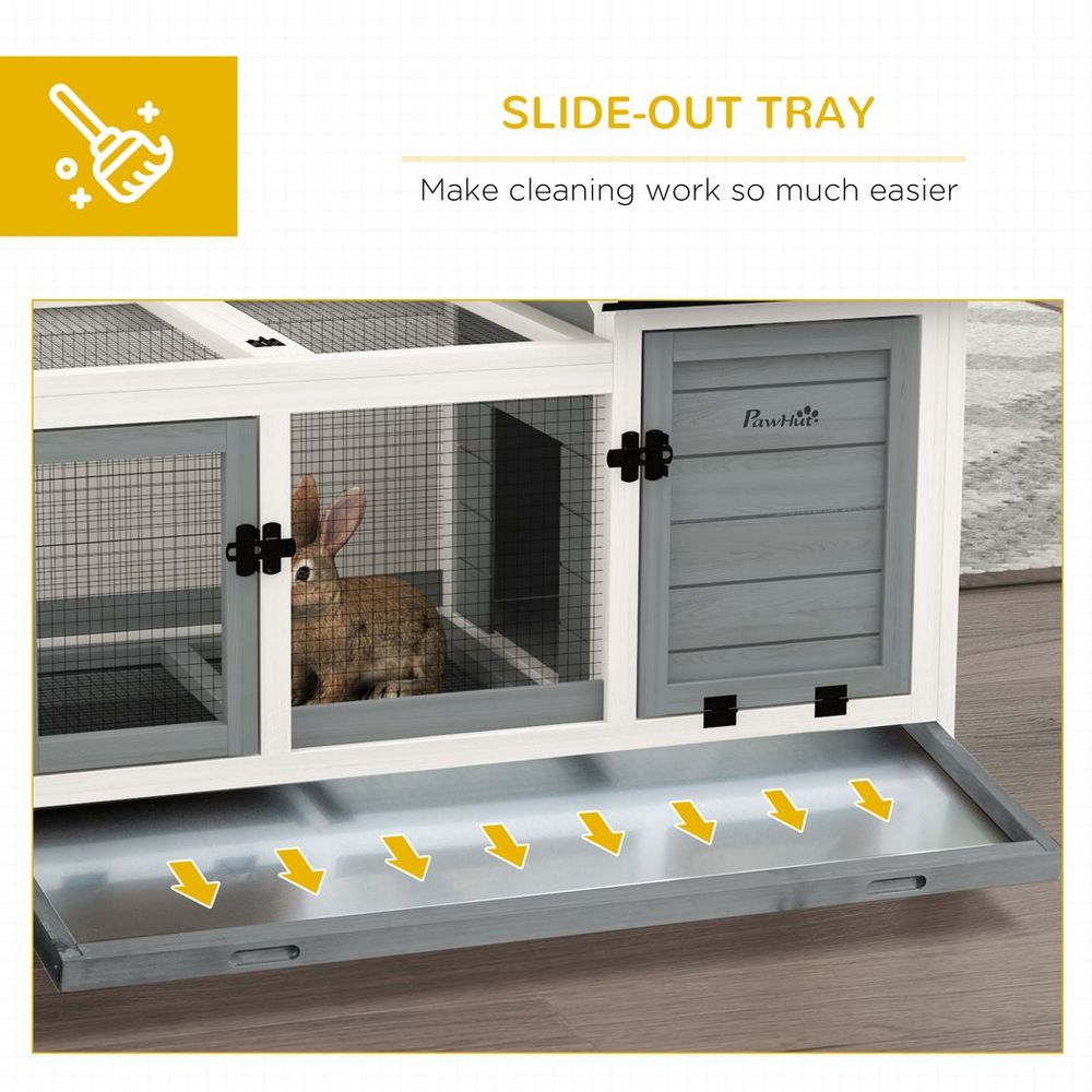 Wooden Rabbit Hutch, Small Animal House w/ Wheels, Removable Tray - Grey