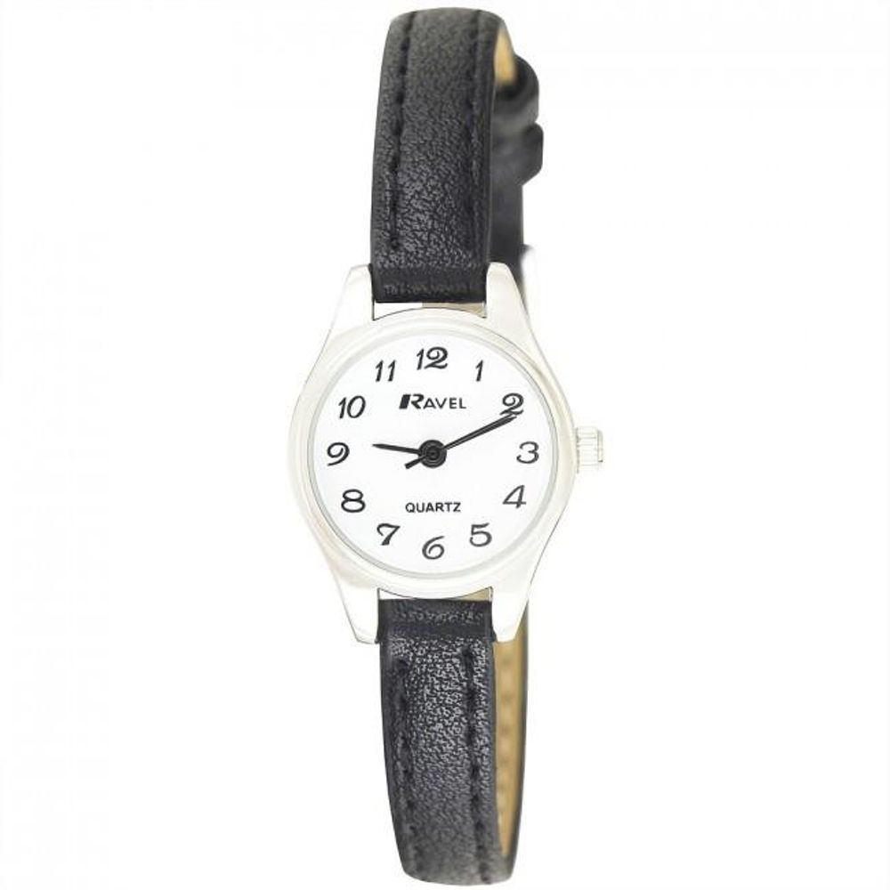 Stylish Ladies Black Strap Watch - Petite Silver Case, Arabic Dial, Japan Quartz Movement