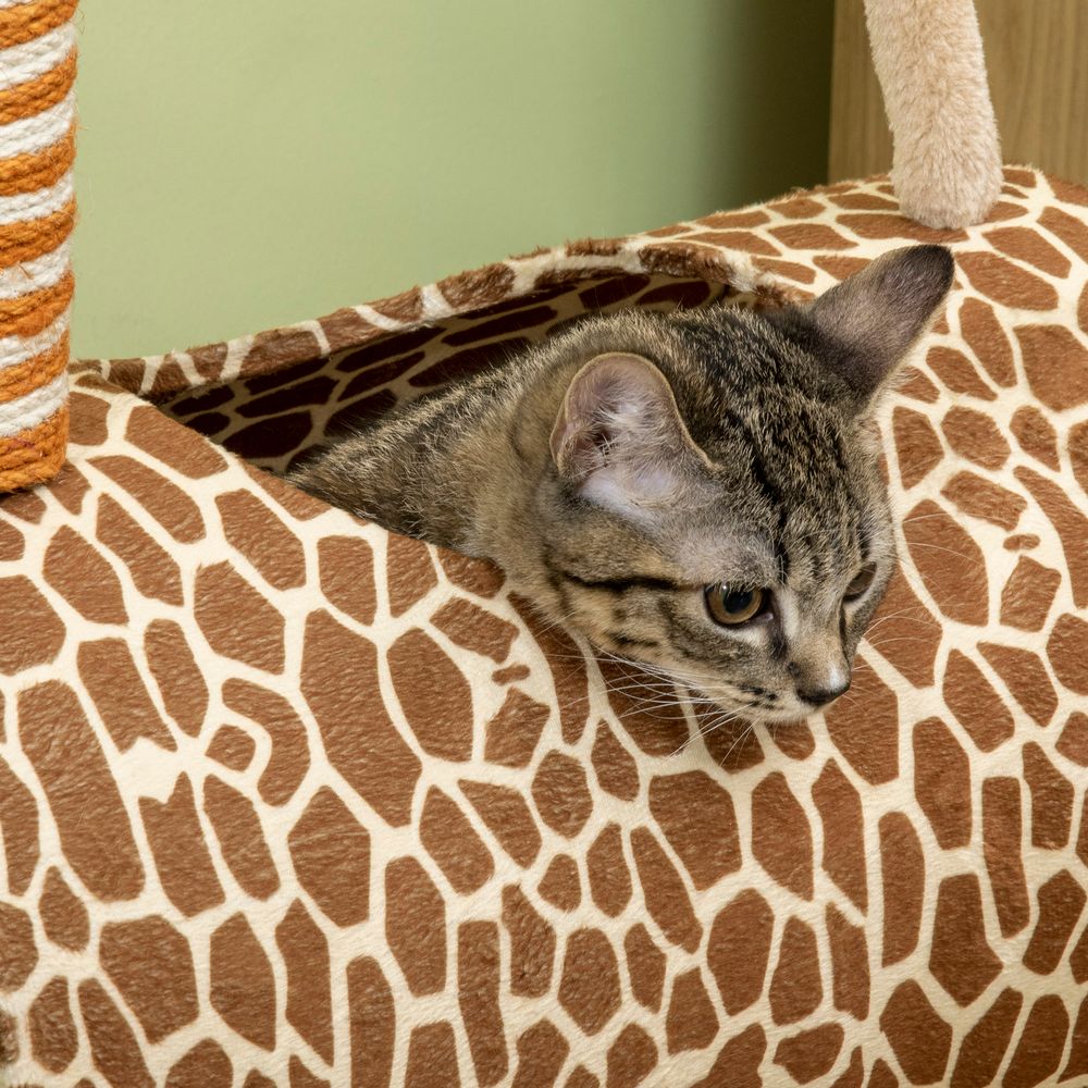 Cat Tree for Indoor Cats Cute Giraffe Kitten Play Tower w/Scratching Posts, Tunnel, Toy Ball, 48.5 x 34.5 x 101cm - Beige