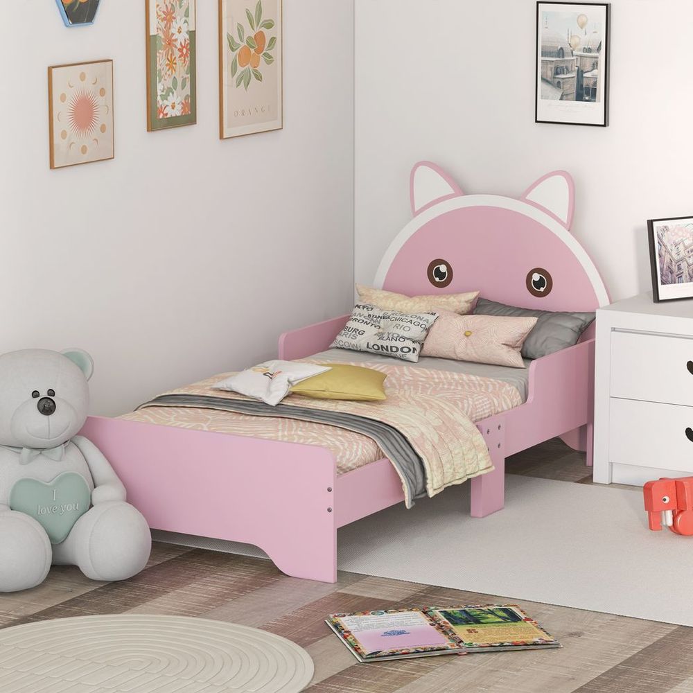 Toddler Bed Frame Cat Design Kids Bed with Guardrails - Pink