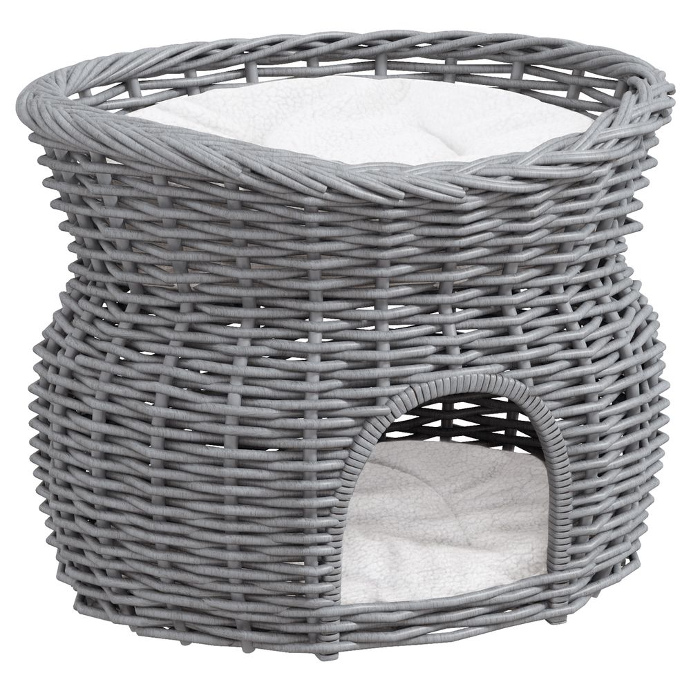 2-Tier Elevated Pet Cushion Bed Basket Willow Cat Tree House Condo Kennel