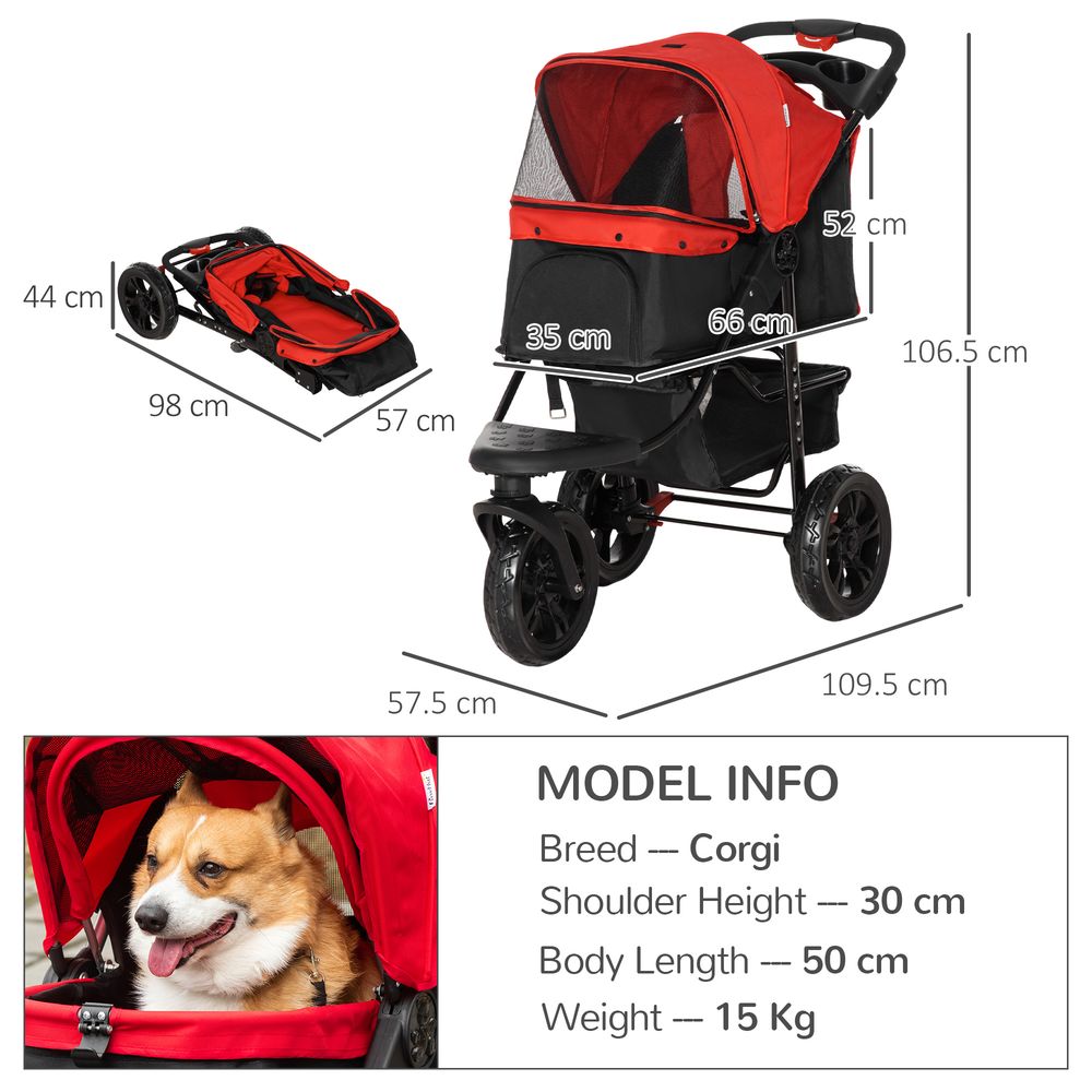 IE Located Folding Pet Stroller 3 Wheel Dog Jogger Travel Carrier Adjustable Canopy Storage Brake Mesh Window for Small Miniature Dog Cat Red