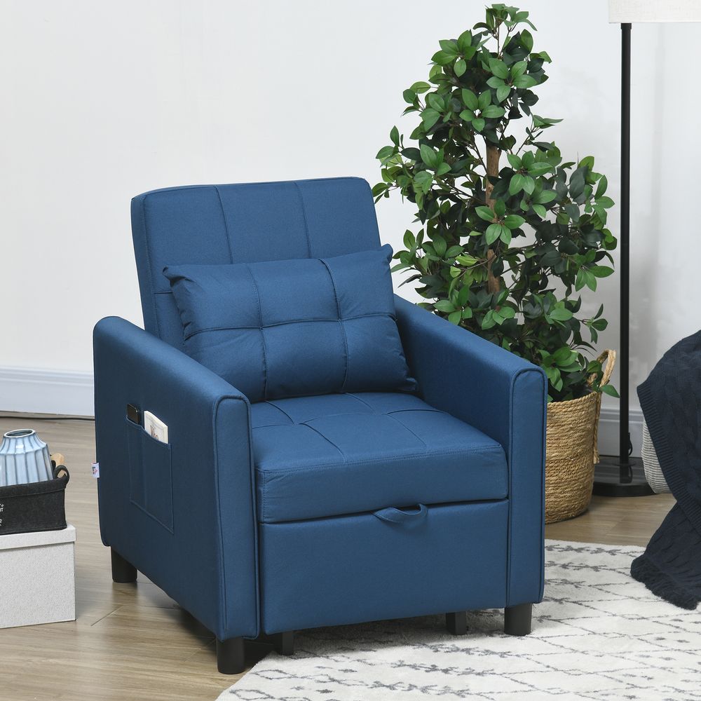 Pull Out Chair Bed, Sleeper Chair with Pillow, Side Pockets, Blue
