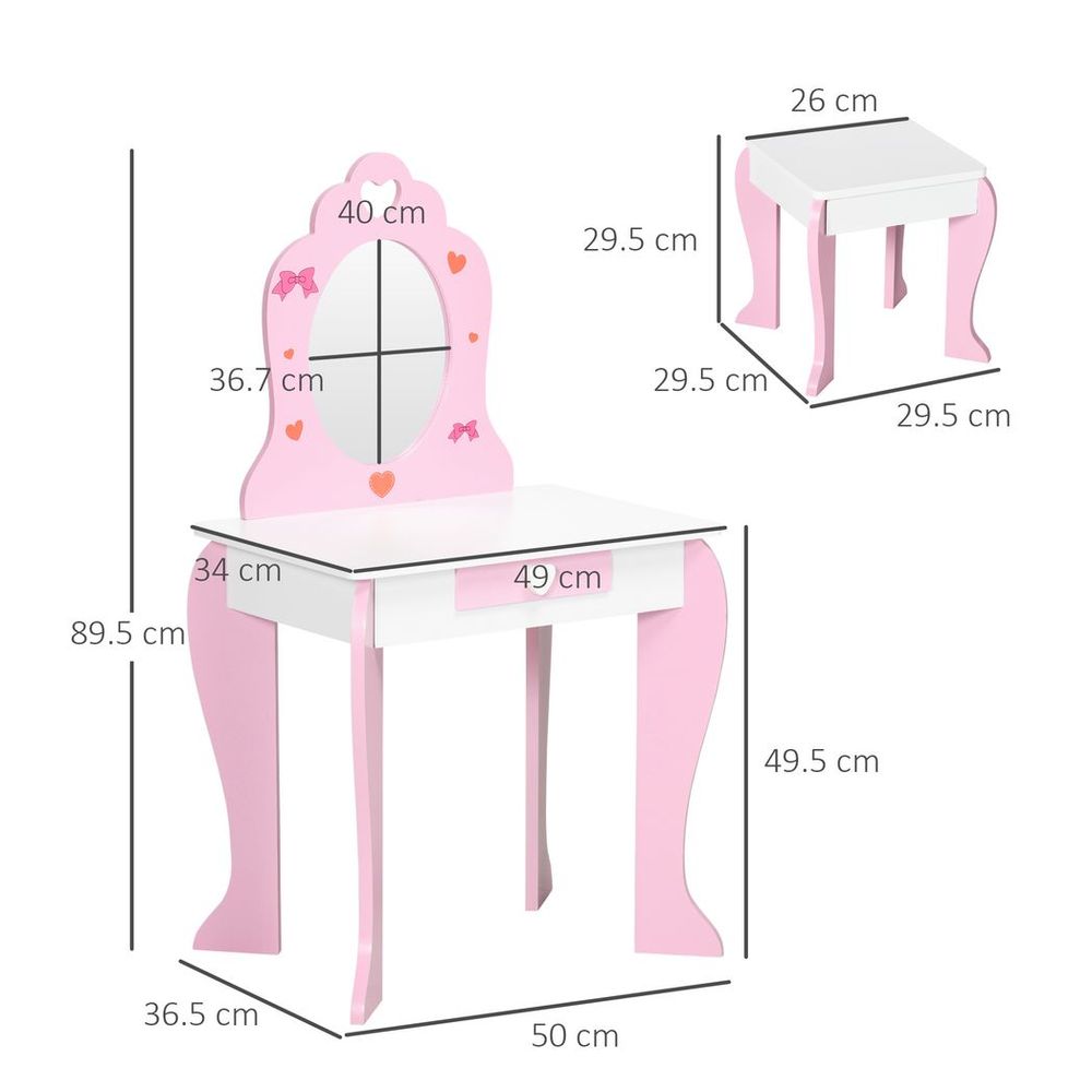 Kids Vanity Set w/ Mirror, Drawer, Cute Patterns, for Girls - Pink