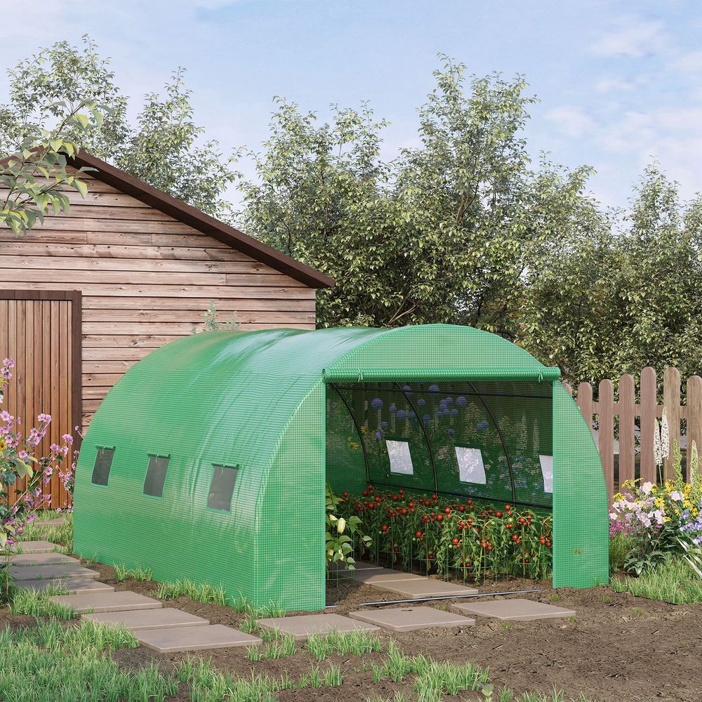 Tunnel Greenhouse with Roll-Up Door & 6 Windows - Green