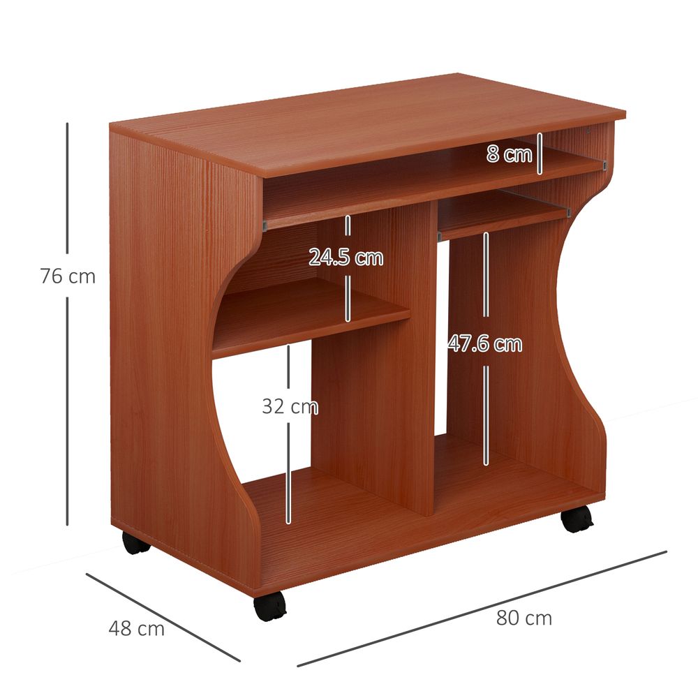 Portable Computer Desk with Storage Shelf - Wheels - Cherry Wood