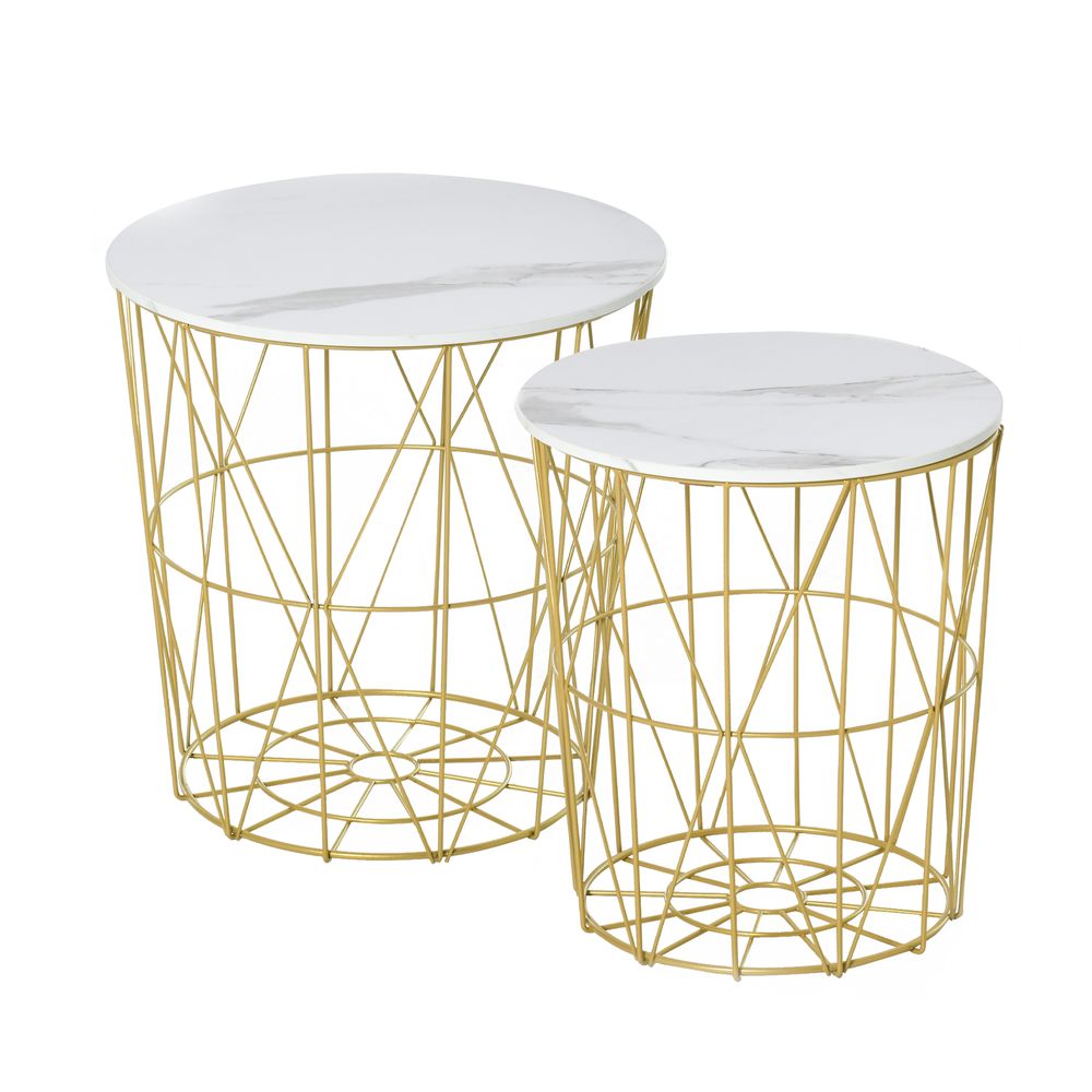 Set of 2 Nesting Side Tables with Storage, Round End Tables Coffee Tables with Steel Frame and Removable Round Top, for Living Room, bedroom, office, White