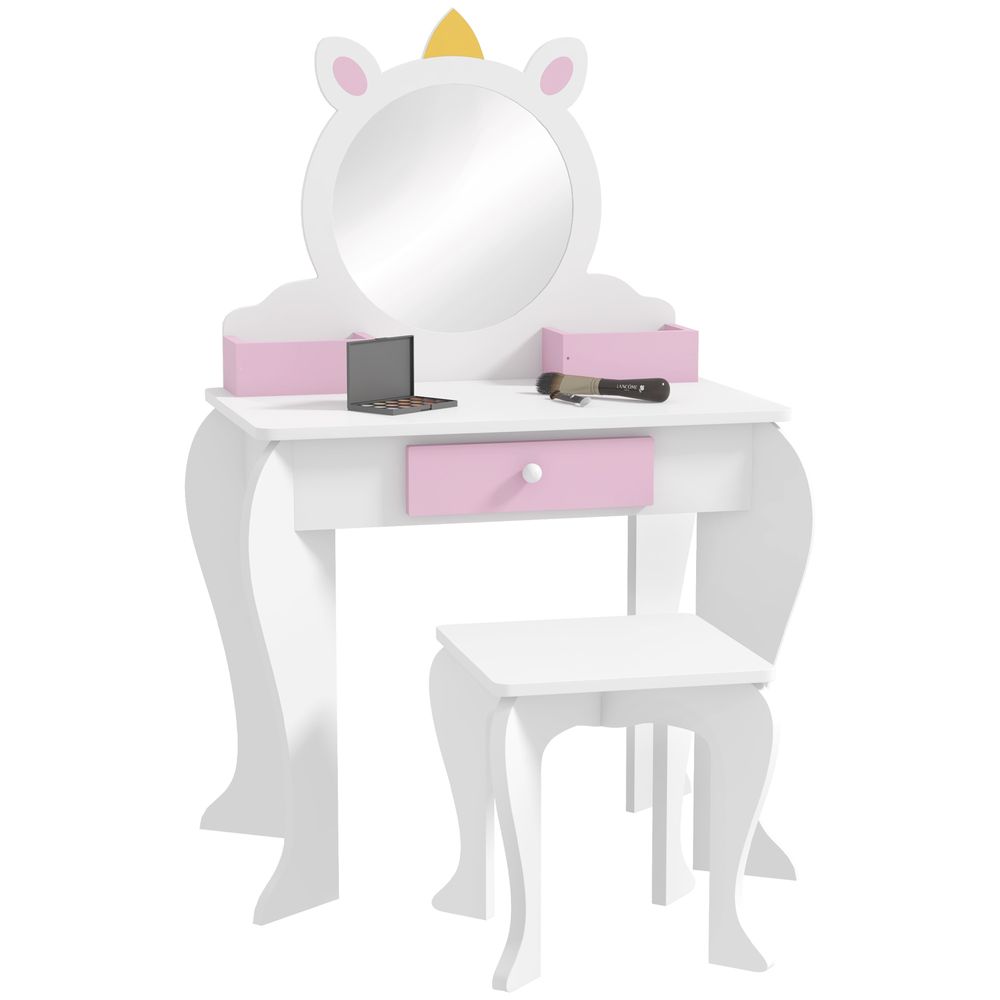 Kids Dressing Table with Mirror and Stool, Drawer, Storage Boxes - White