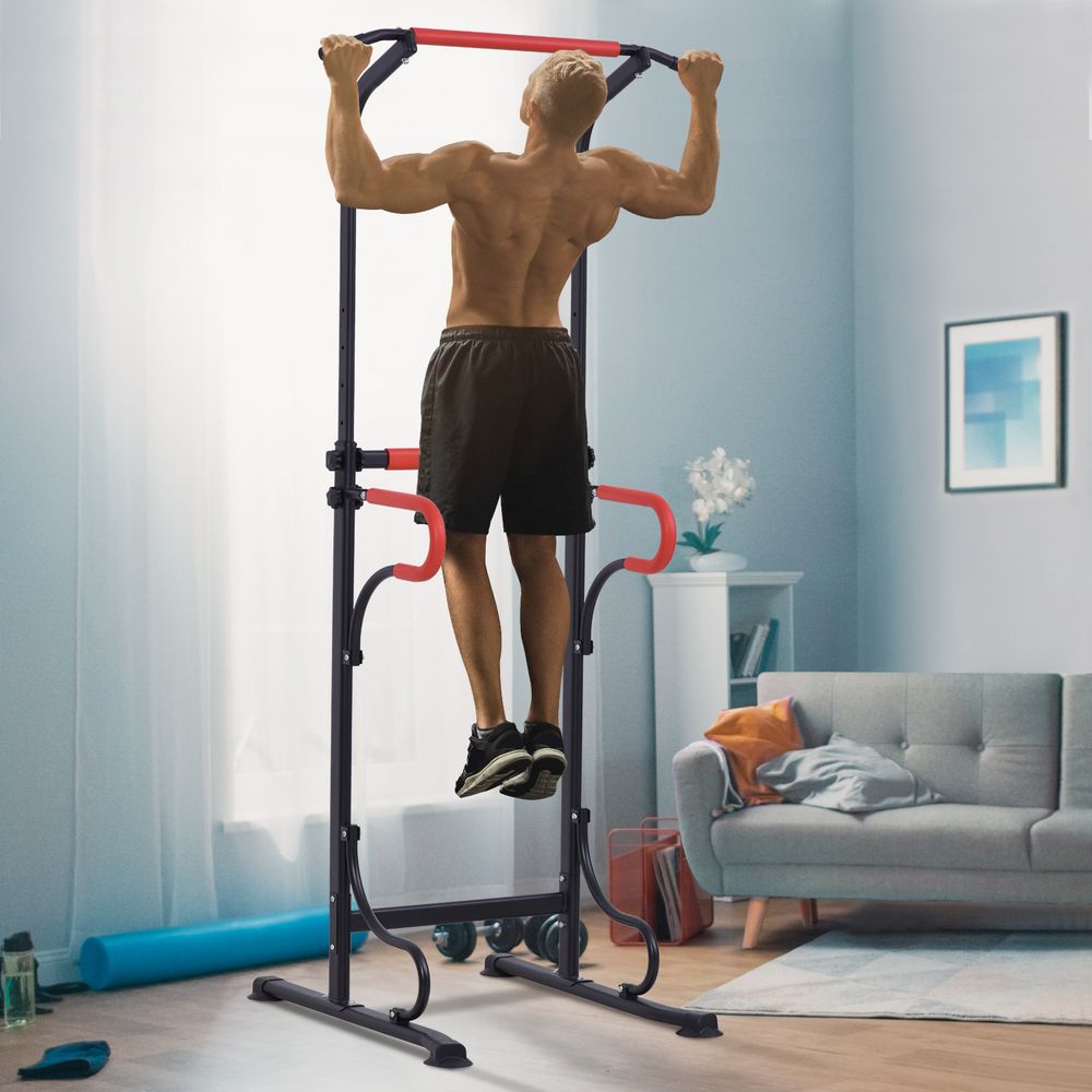 Pull Up Station with Dip Station and Push-up Stand, Height Adjustable Power Tower, Free Standing Pull Up Bar for Home Gym